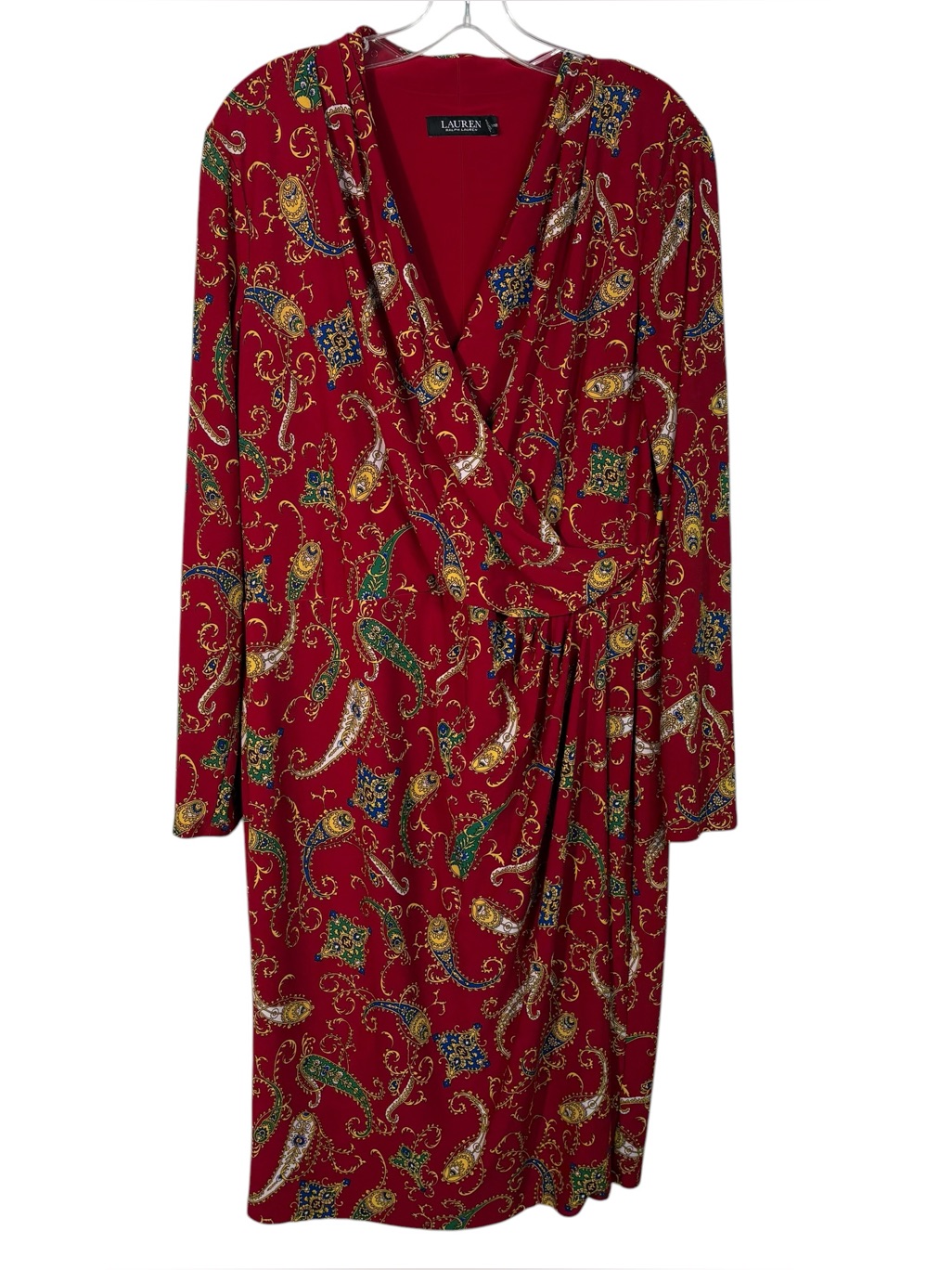 Lauren Ralph Lauren Red Gold Paisley Pattern Faux Wrap No-Iron Stretch Dress 16